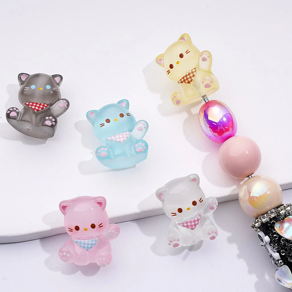 Acrylic Beads Pen Toppers Pendants Jewelry Accessories Cute Luminous Cat Kitty Multi-Color 20*23MM, Random Mix - Image 3