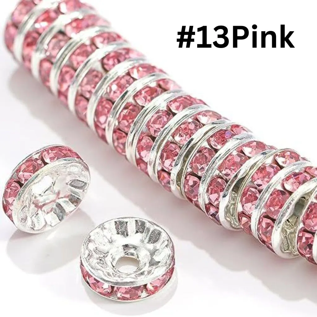 Straight Flat Round Metal Spacers with Rhinestones in Solid Colors, 10mm - Image 15
