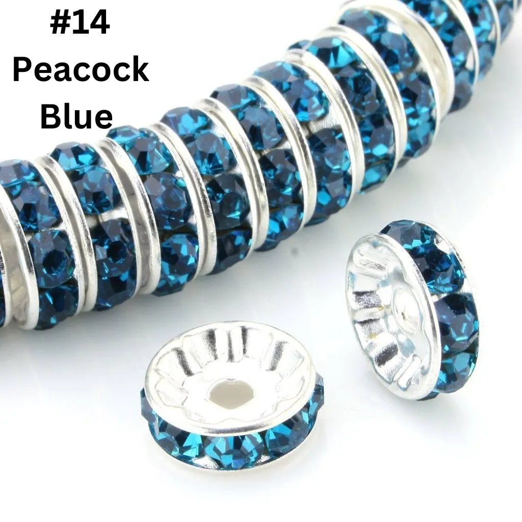 Straight Flat Round Metal Spacers with Rhinestones in Solid Colors, 10mm - Image 18