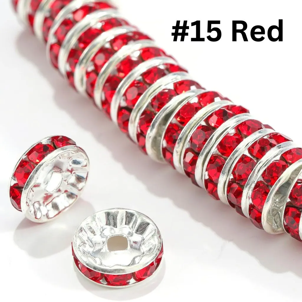 Straight Flat Round Metal Spacers with Rhinestones in Solid Colors, 10mm - Image 21