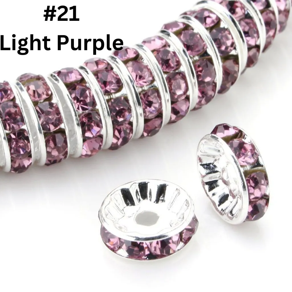 Straight Flat Round Metal Spacers with Rhinestones in Solid Colors, 10mm - Image 25
