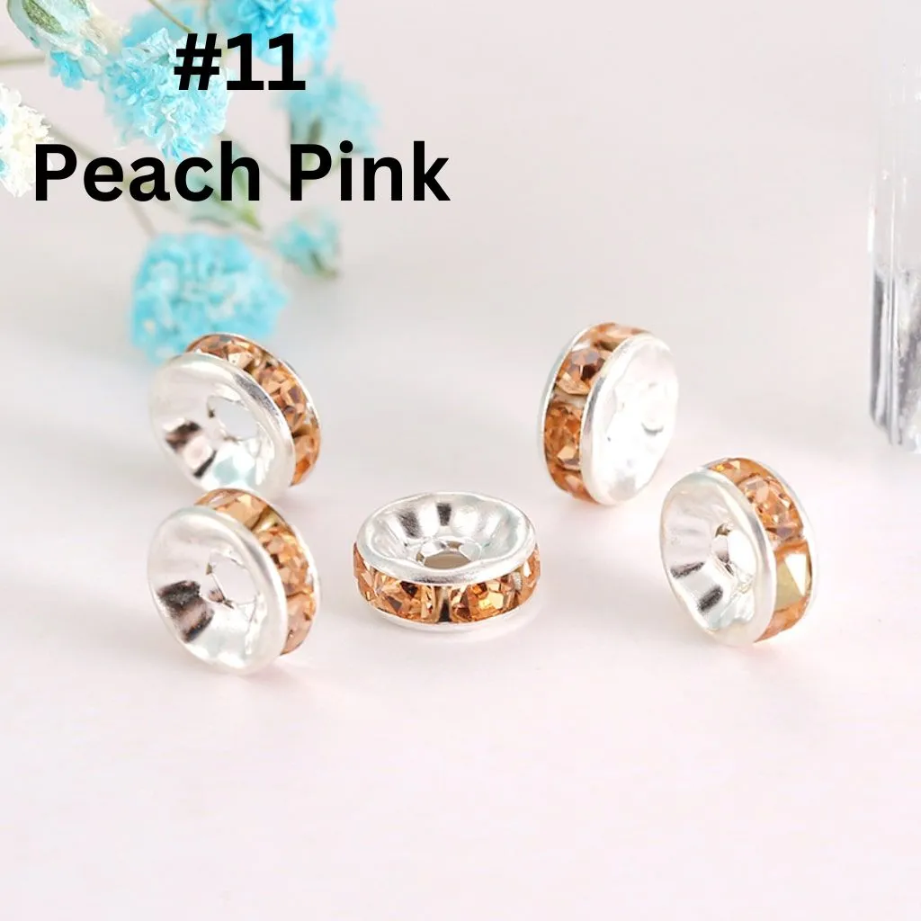 Straight Flat Round Metal Spacers with Rhinestones in Solid Colors, 10mm - Image 26