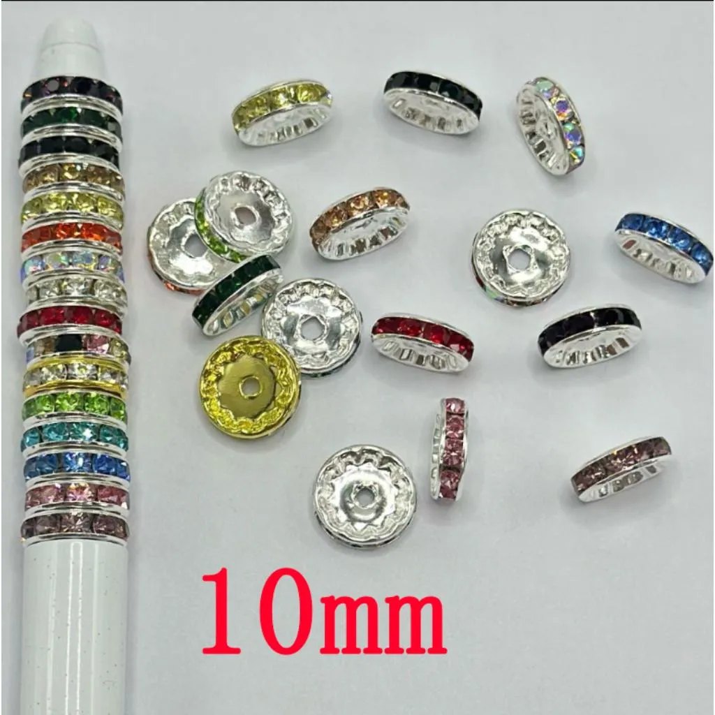 Straight Flat Round Metal Spacers with Rhinestones in Solid Colors, 10mm - Image 3